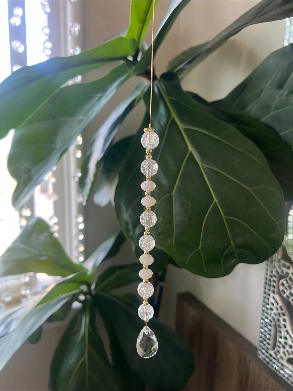 Crystal Bead Sun Catcher/ Car Ornament- Clear and White